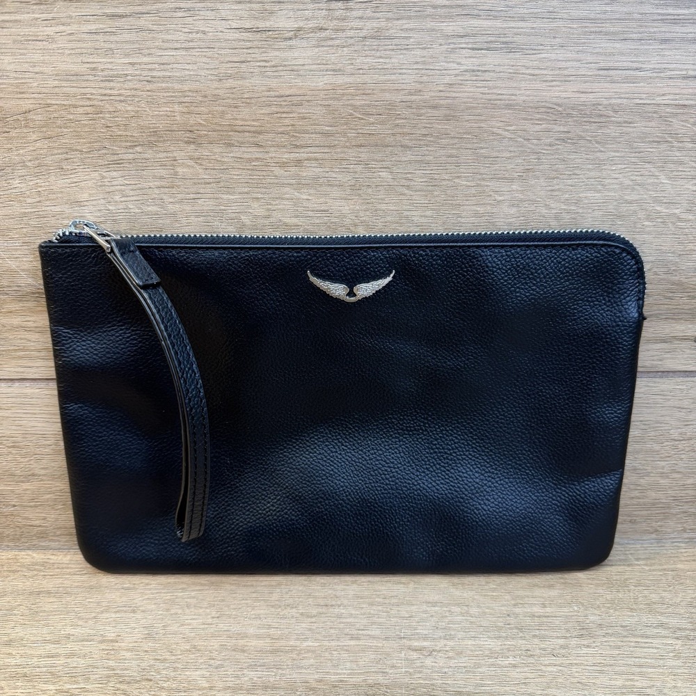 Zadig & Voltaire Uma Pebbled Leather Clutch Wristlet Black Silver Wings